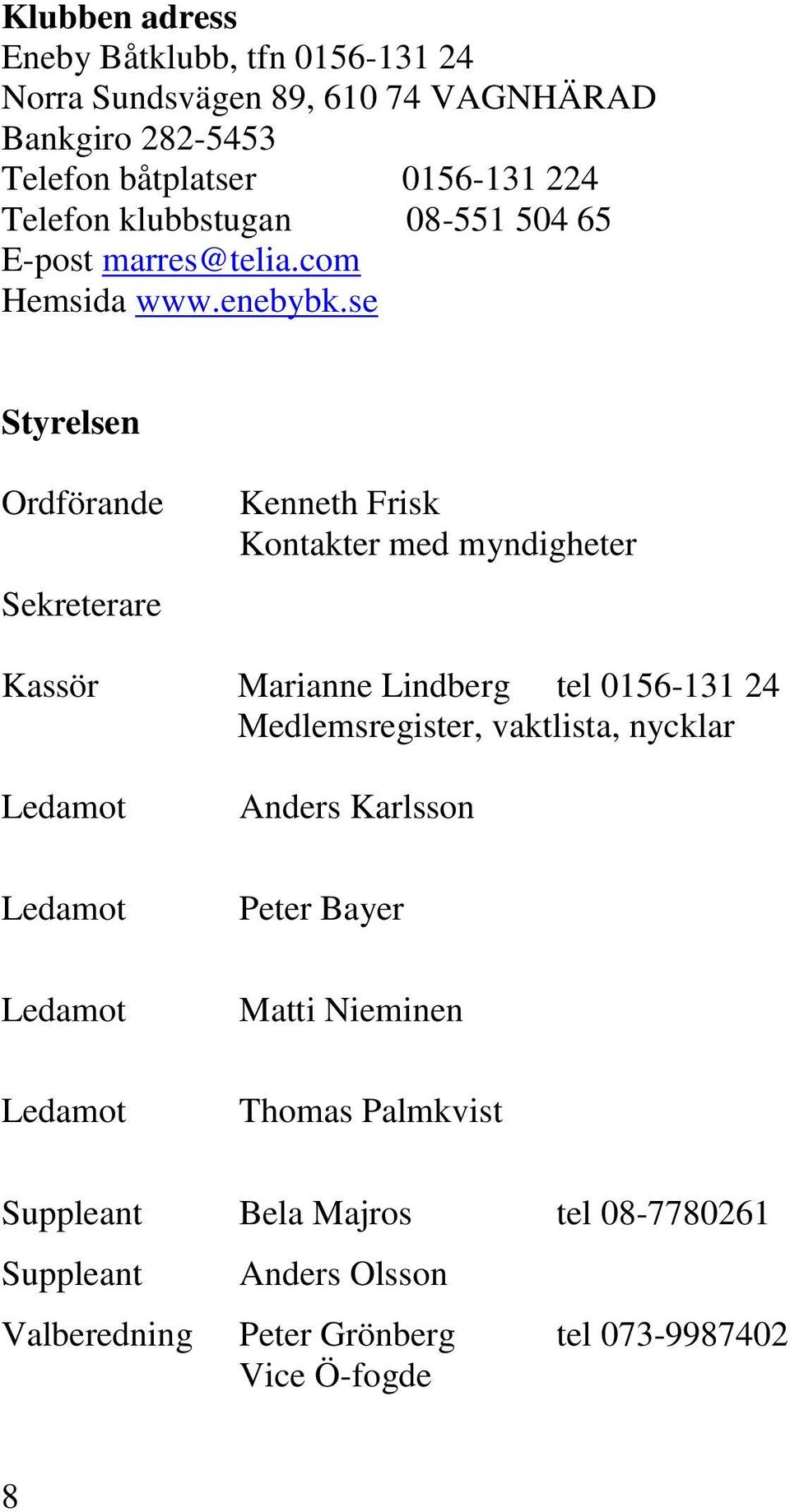 se Styrelsen Ordförande Sekreterare Kenneth Frisk Kontakter med myndigheter Kassör Marianne Lindberg tel 0156-131 24 Medlemsregister, vaktlista,