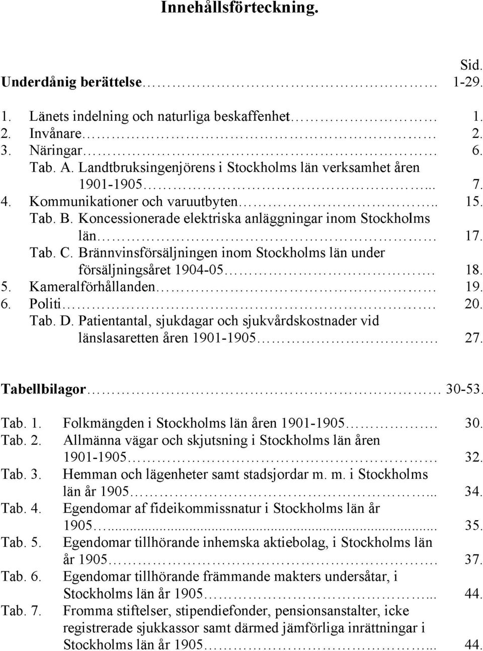 Brännvinsförsäljningen inom Stockholms län under försäljningsåret 1904-05. 18. 5. Kameralförhållanden 19. 6. Politi. 20. Tab. D.