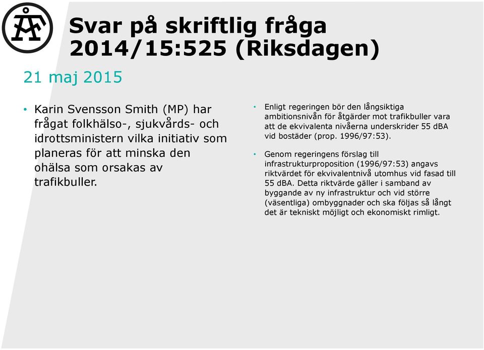 Enligt regeringen bör den långsiktiga ambitionsnivån för åtgärder mot trafikbuller vara att de ekvivalenta nivåerna underskrider 55 dba vid bostäder (prop. 1996/97:53).