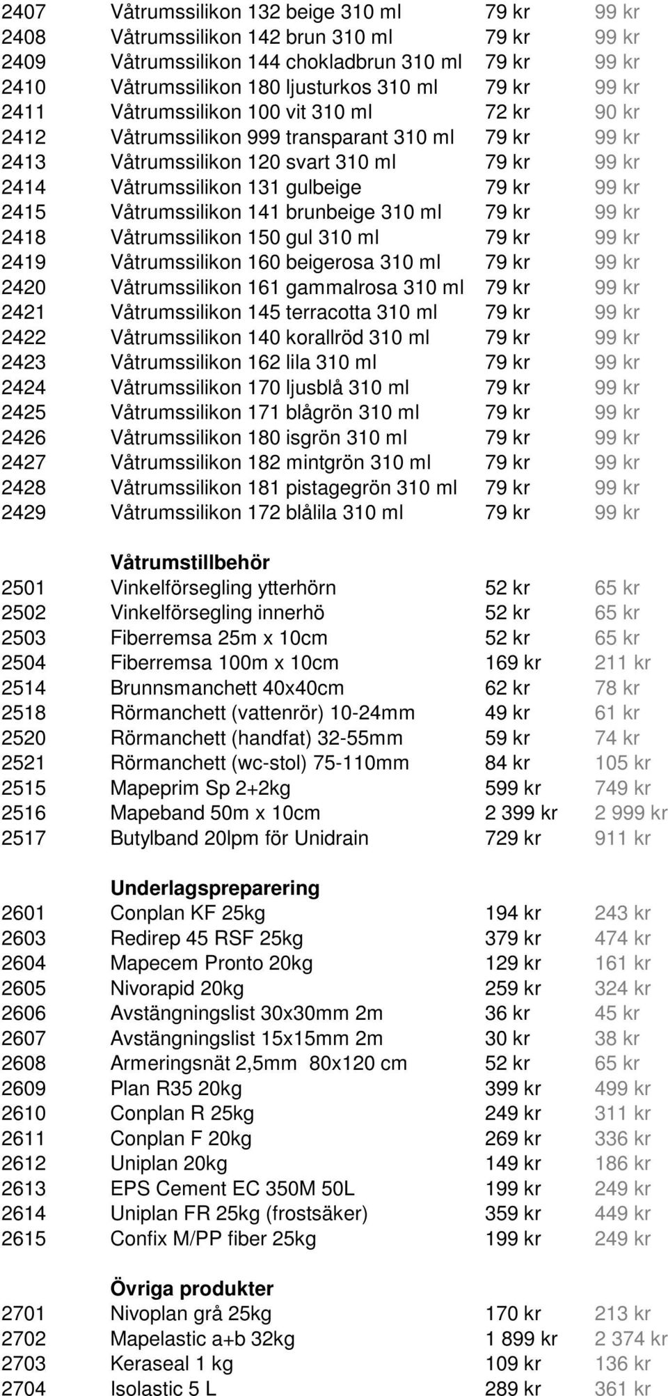 kr 2415 Våtrumssilikon 141 brunbeige 310 ml 79 kr 99 kr 2418 Våtrumssilikon 150 gul 310 ml 79 kr 99 kr 2419 Våtrumssilikon 160 beigerosa 310 ml 79 kr 99 kr 2420 Våtrumssilikon 161 gammalrosa 310 ml