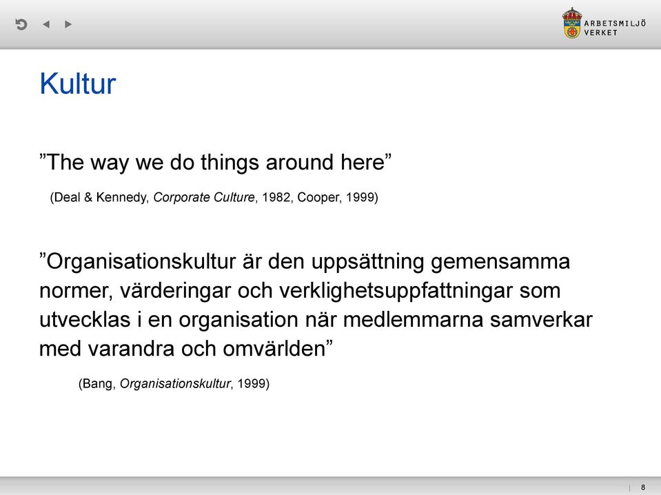 värderingar och verklighetsuppfattningar som utvecklas i en organisation när