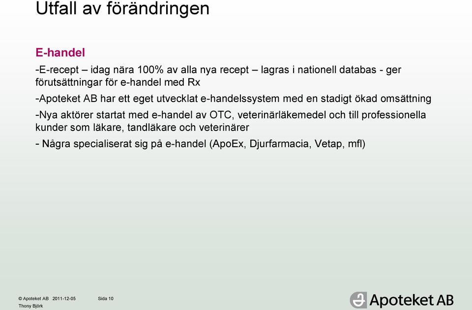 omsättning -Nya aktörer startat med e-handel av OTC, veterinärläkemedel och till professionella kunder som läkare,