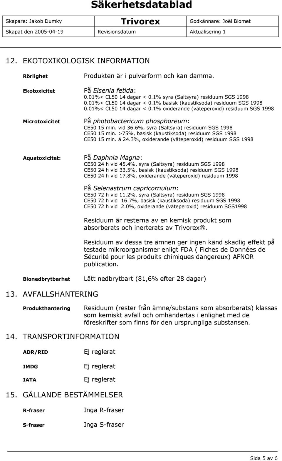 6%, syra (Saltsyra) residuum SGS 1998 CE50 15 min. >75%, basisk (kaustiksoda) residuum SGS 1998 CE50 15 min. á 24.