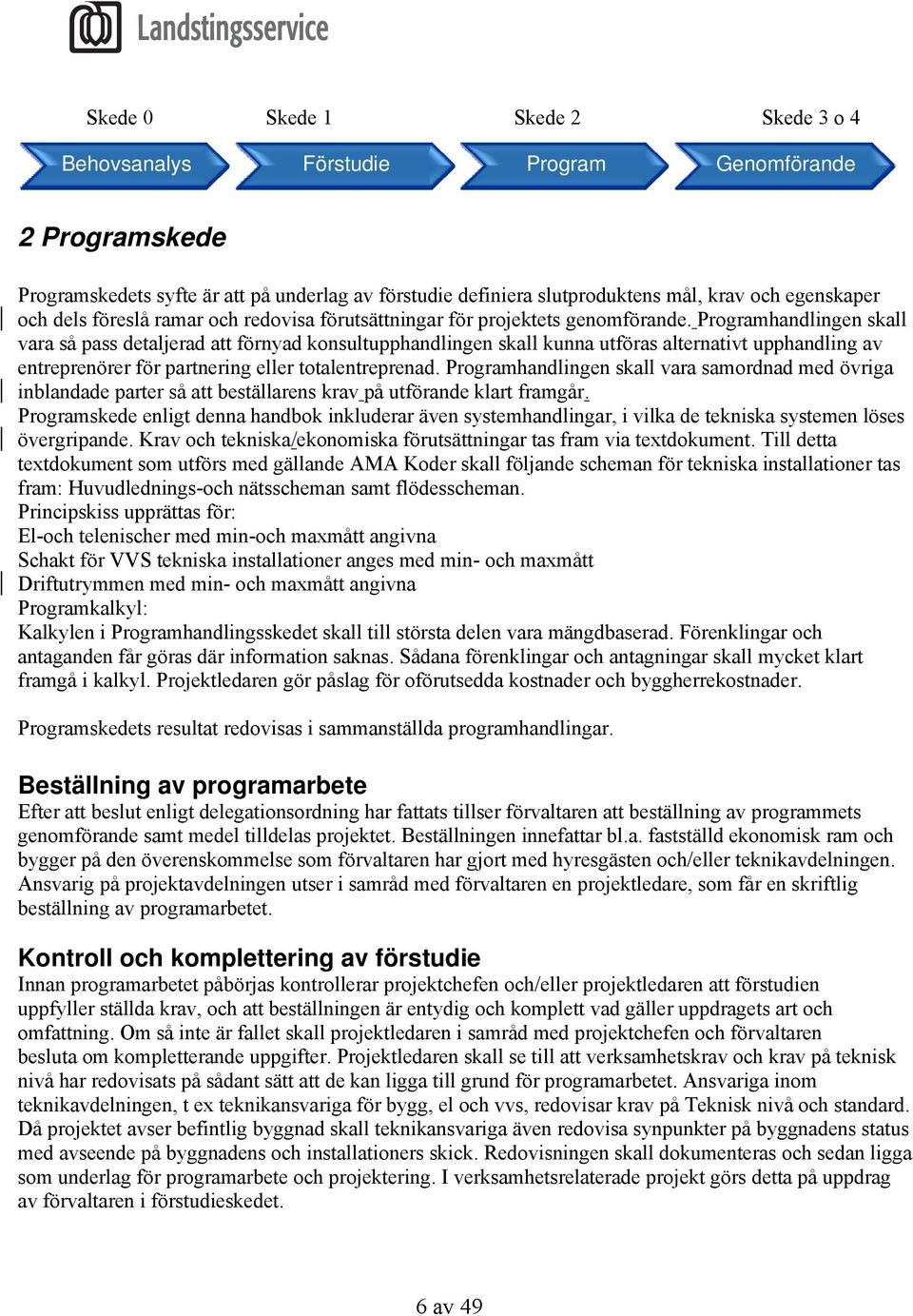 Programhandlingen skall vara så pass detaljerad att förnyad konsultupphandlingen skall kunna utföras alternativt upphandling av entreprenörer för partnering eller totalentreprenad.