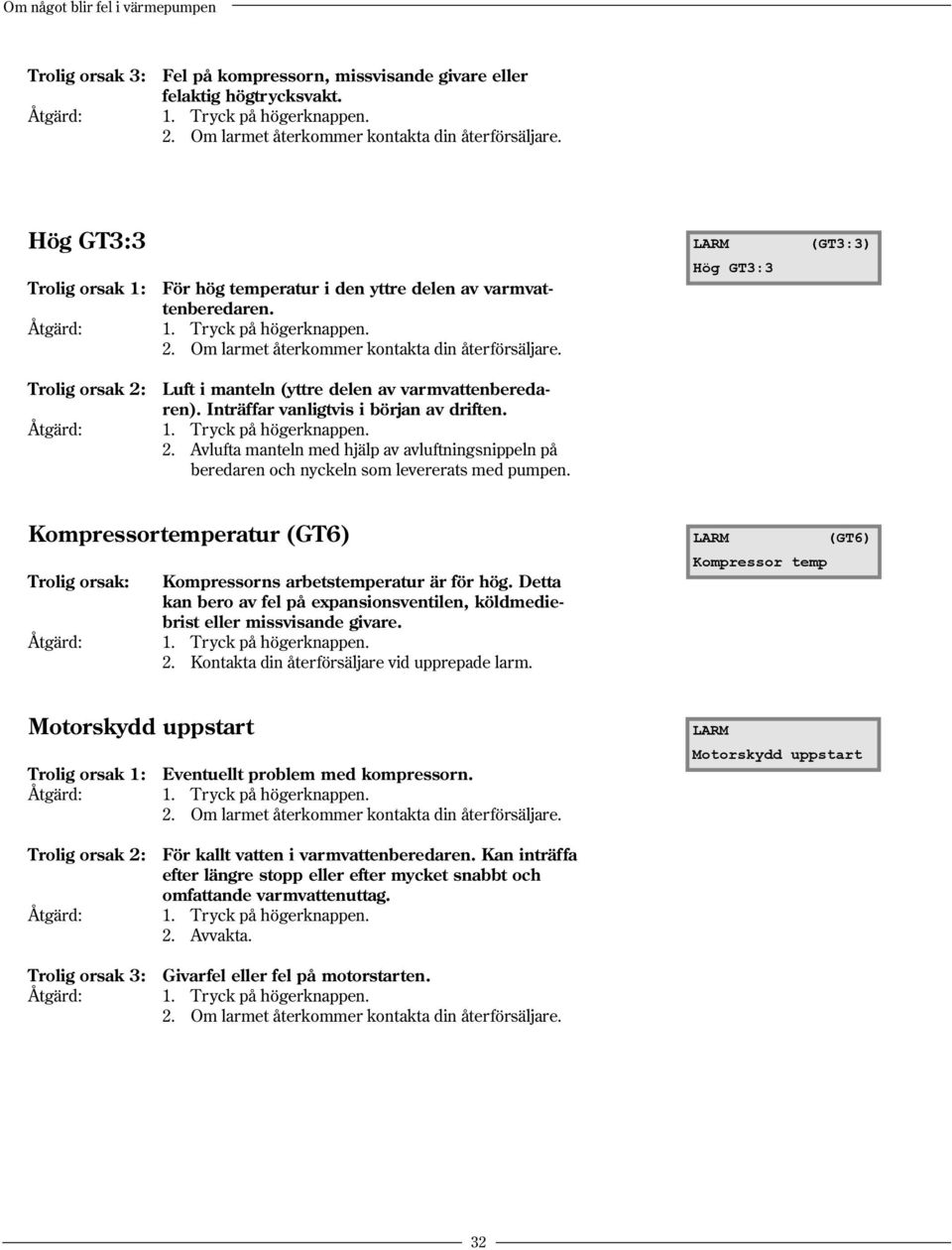 (GT3:3) Kompressortemperatur (GT6) Trolig orsak: Åtgärd: Kompressorns arbetstemperatur är för hög. Detta kan bero av fel på expansionsventilen, köldmediebrist eller missvisande givare. 1.
