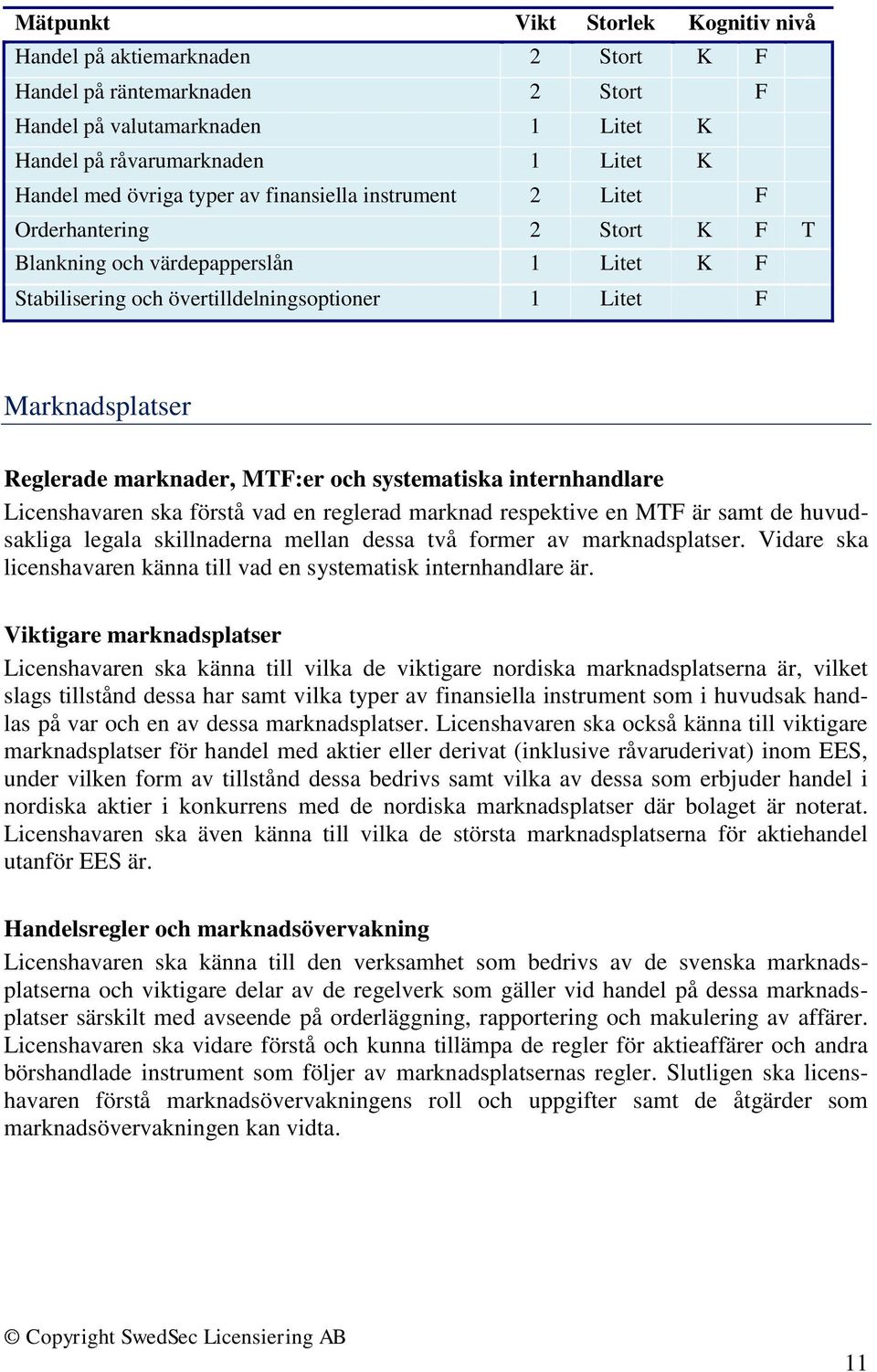 internhandlare Licenshavaren ska förstå vad en reglerad marknad respektive en MTF är samt de huvudsakliga legala skillnaderna mellan dessa två former av marknadsplatser.
