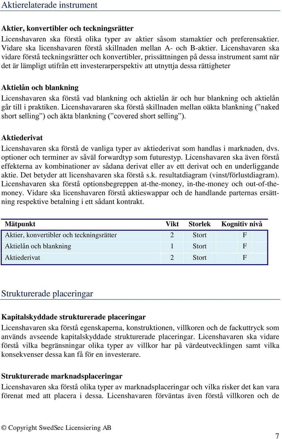 Licenshavaren ska vidare förstå teckningsrätter och konvertibler, prissättningen på dessa instrument samt när det är lämpligt utifrån ett investerarperspektiv att utnyttja dessa rättigheter Aktielån
