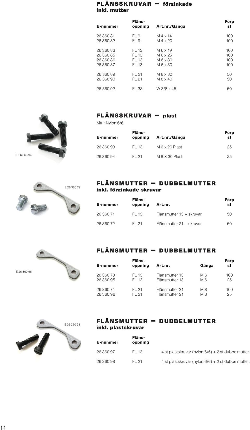 8 x 30 50 26 360 90 FL 21 M 8 x 40 50 26 360 92 FL 33 W 3/8 x 45 50 f l ä n s s k r u v a r plast Mtrl: Nylon 6/6 Fläns- E-nummer öppning Art.nr.