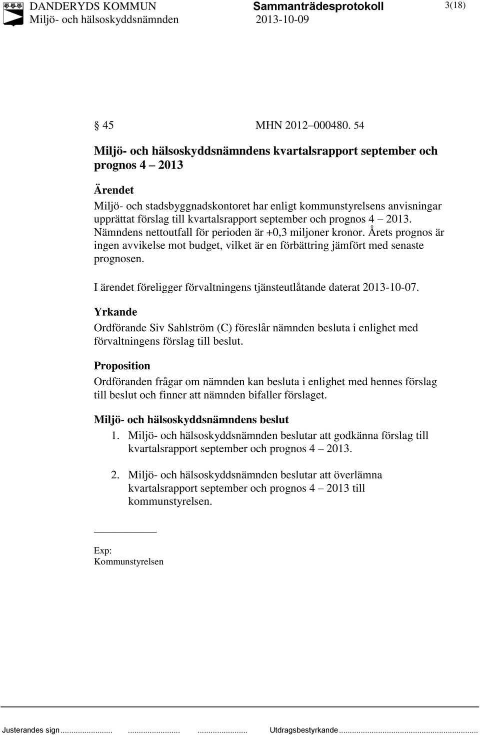 Nämndens nettoutfall för perioden är +0,3 miljoner kronor. Årets prognos är ingen avvikelse mot budget, vilket är en förbättring jämfört med senaste prognosen.