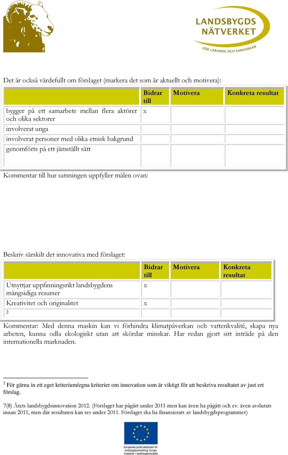uppfinningsrikt landsbygdens mångsidiga resurser Kreativitet och originalitet 2 Bidrar till Motivera Konkreta resultat Kommentar: Med denna maskin kan vi förhindra klimatpåverkan och vattenkvalité,
