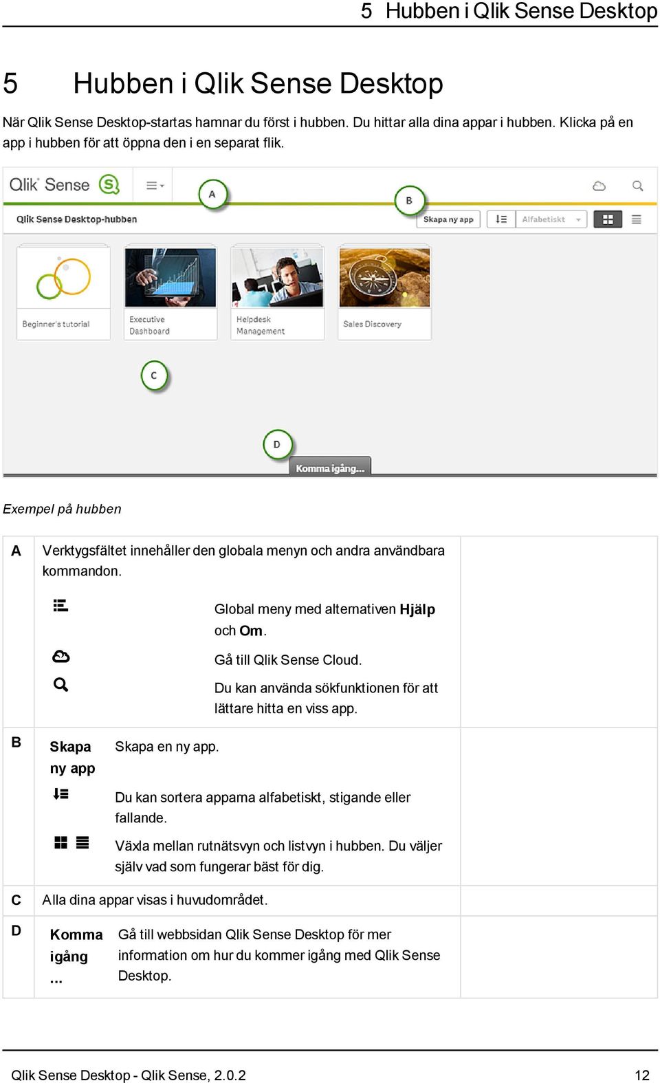 Global meny med alternativen Hjälp och Om. Gå till Qlik Sense Cloud. F Du kan använda sökfunktionen för att lättare hitta en viss app. B Skapa ny app ìî Skapa en ny app.