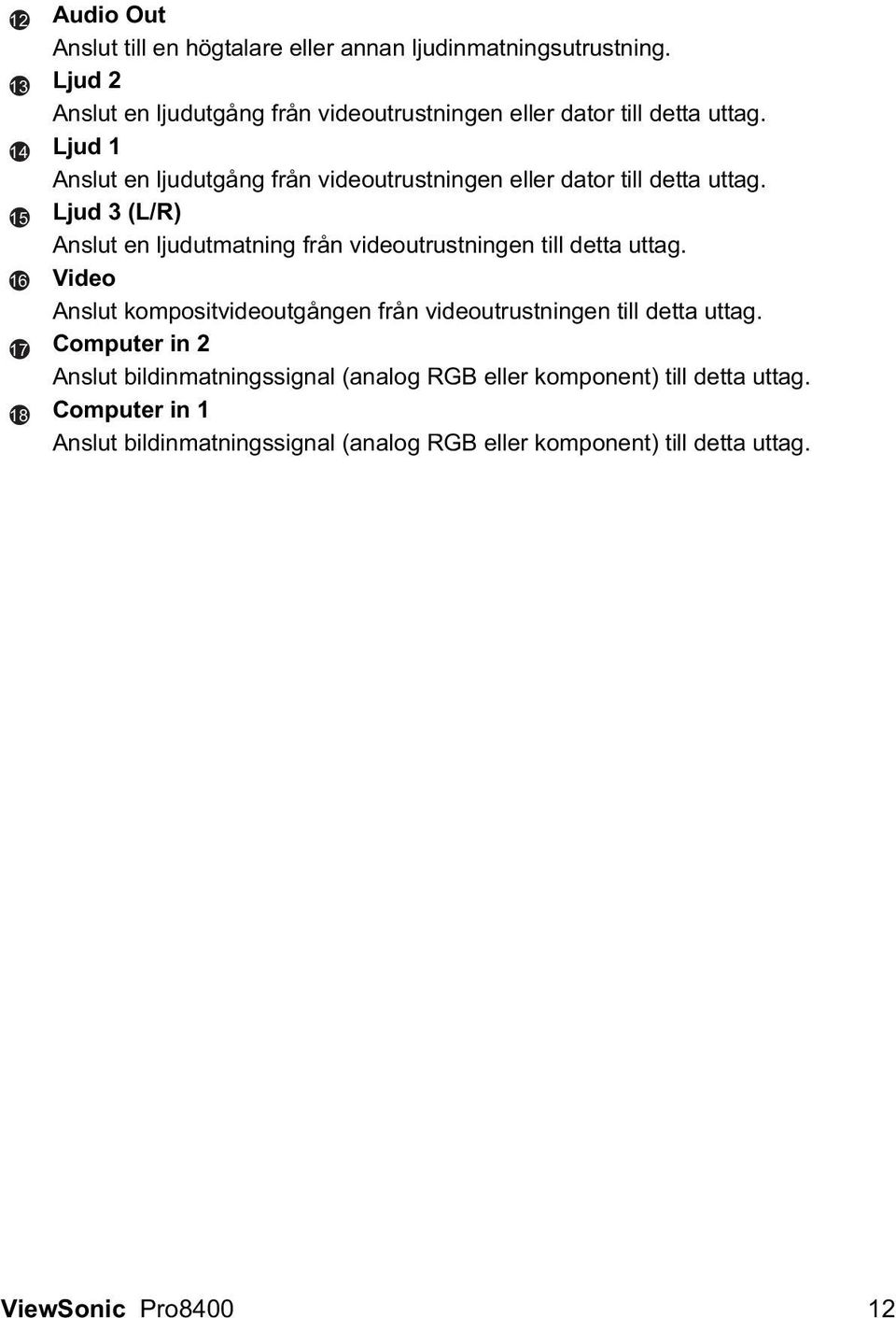 Ljud 1 Anslut en ljudutgång från videoutrustningen eller dator till detta uttag.
