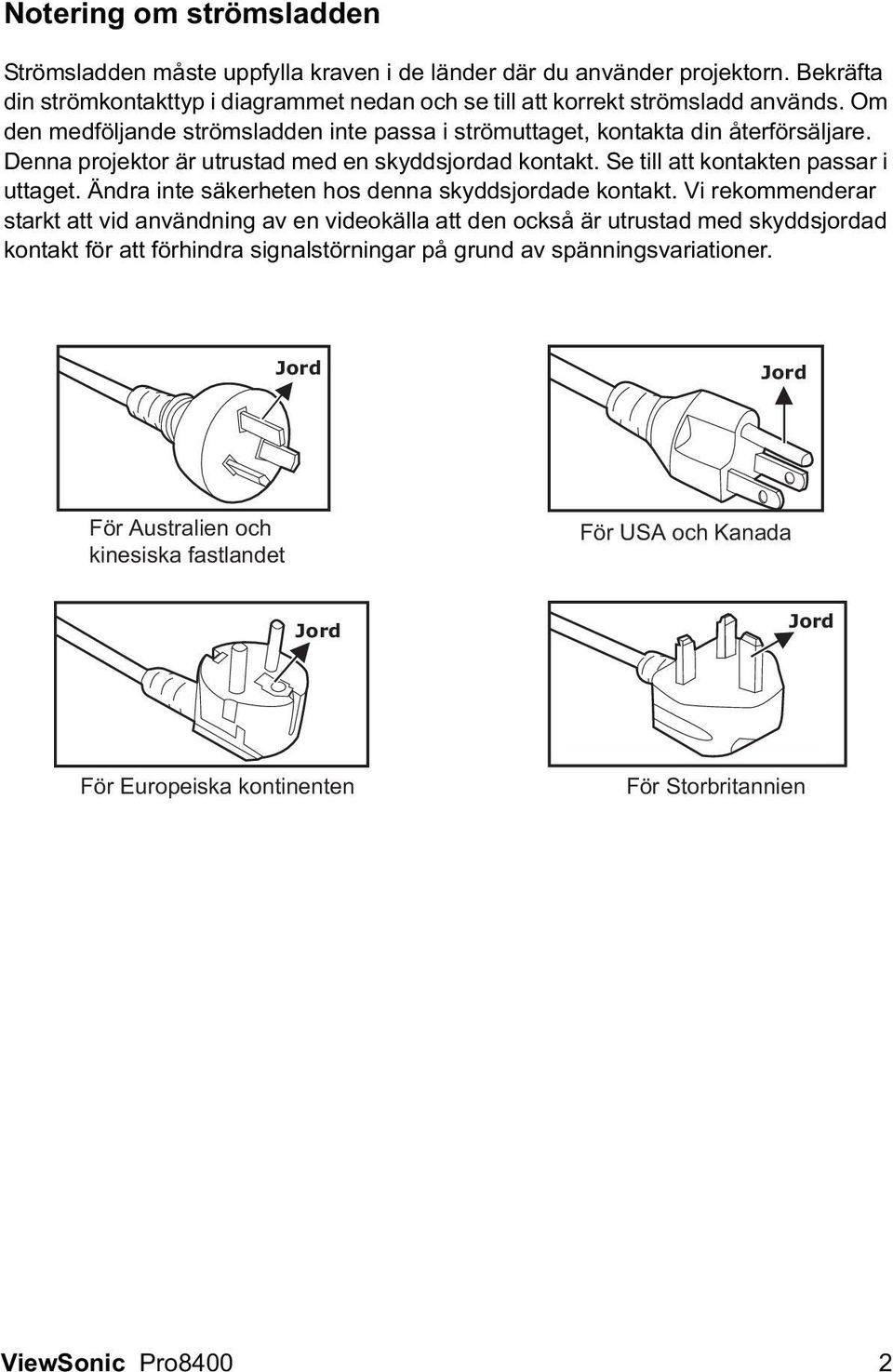 Denna projektor är utrustad med en skyddsjordad kontakt. Se till att kontakten passar i uttaget. Ändra inte säkerheten hos denna skyddsjordade kontakt.