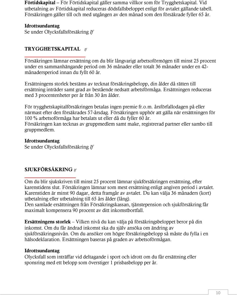 Idrottsundantag Se under Olycksfallsförsäkring If TRYGGHETSKAPITAL If Försäkringen lämnar ersättning om du blir långvarigt arbetsoförmögen till minst 25 procent under en sammanhängande period om 36