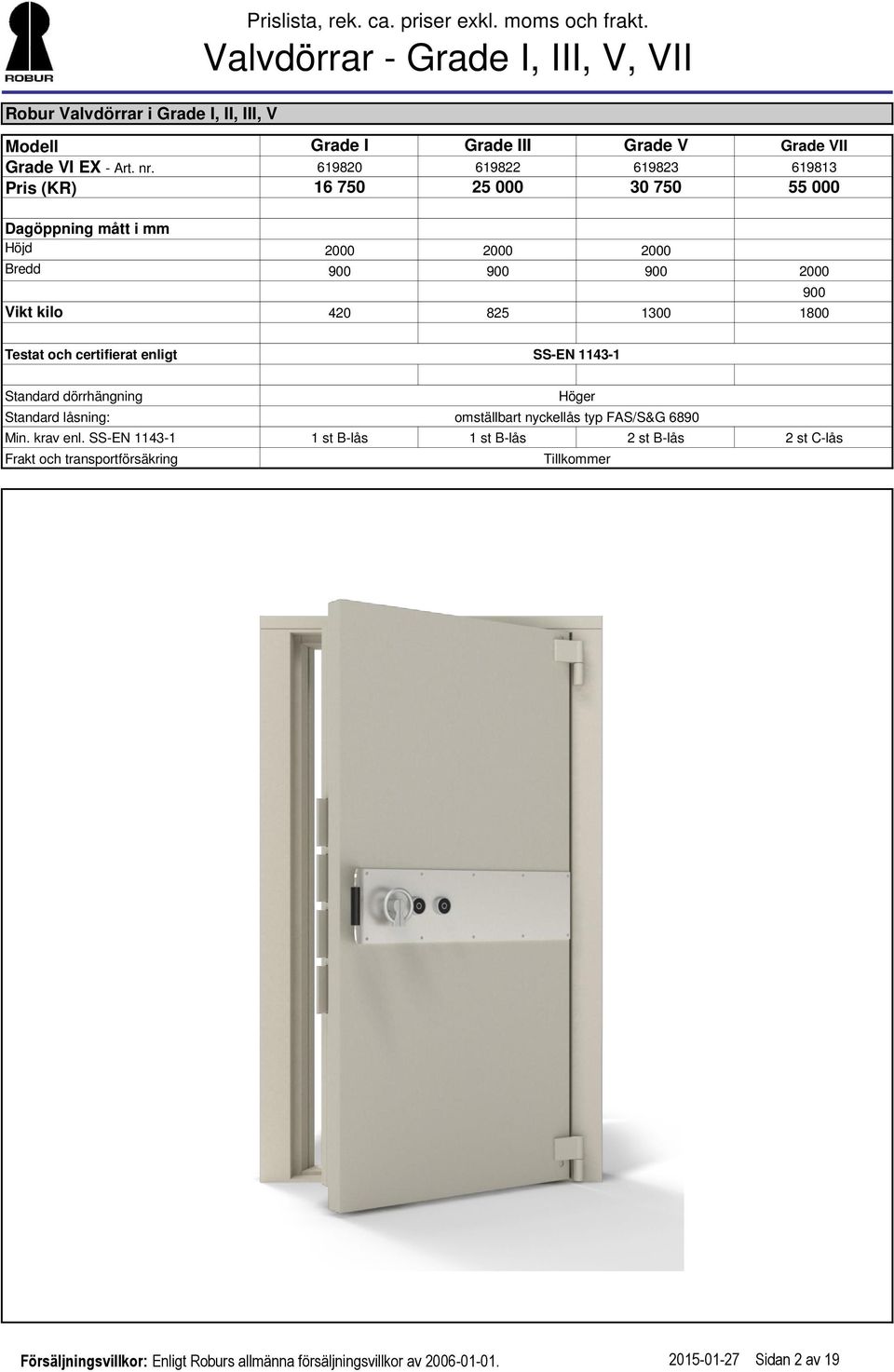 1300 1800 900 Testat och certifierat enligt SSEN 11431 Standard låsning: omställbart nyckellås typ FAS/S&G 6890 Min. krav enl.