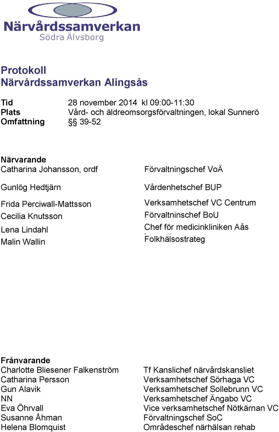 för medicinkliniken Aås lasarett Folkhälsostrateg Frånvarande Charlotte Bliesener Falkenström Catharina Persson Gun Alavik NN Eva Öhrvall Susanne Åhman Helena Blomquist Tf