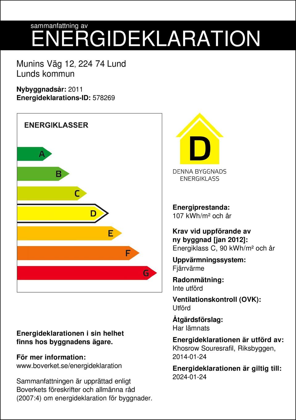 se/energideklaration Sammanfattningen är upprättad enligt Boverkets föreskrifter och allmänna råd (27:4) om energideklaration för byggnader.