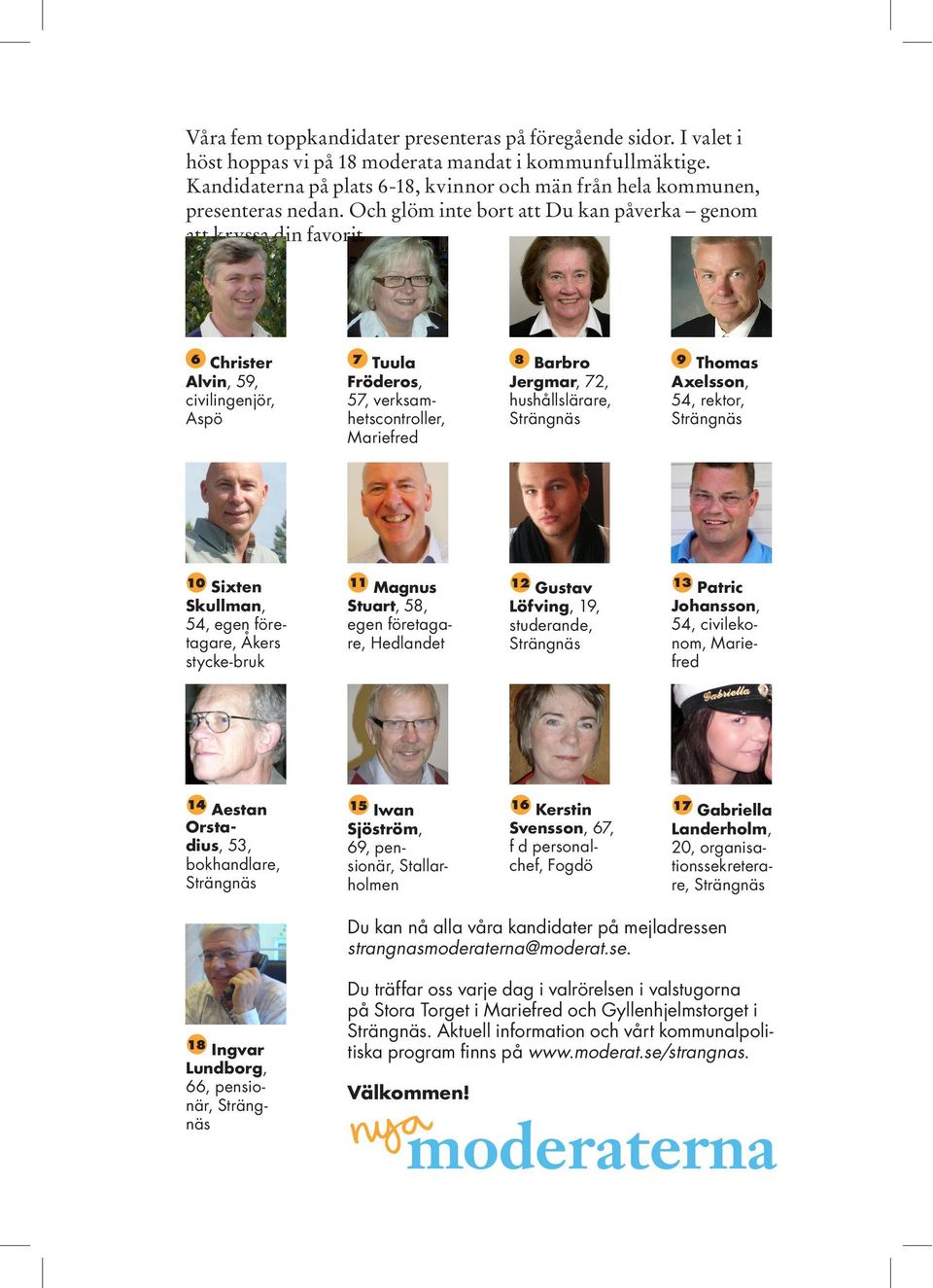 6 Christer Alvin, 59, 7 Tuula Fröderos, 8 Barbro Jergmar, 72, 9 Thomas Axelsson, 10 Sixten Skullman, 11 Magnus Stuart, 58, 12 Gustav Löfving, 19, 13 Patric Johansson, 14 Aestan Orstadius, 53, 15 Iwan