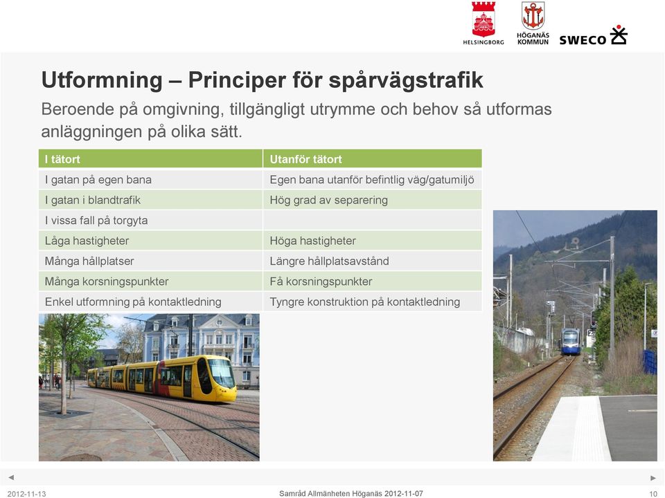 I tätort I gatan på egen bana I gatan i blandtrafik I vissa fall på torgyta Låga hastigheter Många hållplatser Många