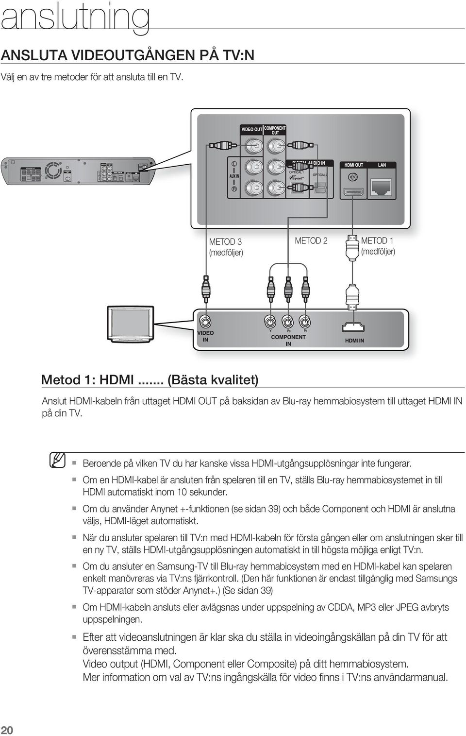 från spelaren till en TV, ställs Blu-ray hemmabiosystemet in till HDMI automatiskt inom 10 sekunder Om du använder Anynet +-funktionen (se sidan 39) och både Component och HDMI är anslutna väljs,