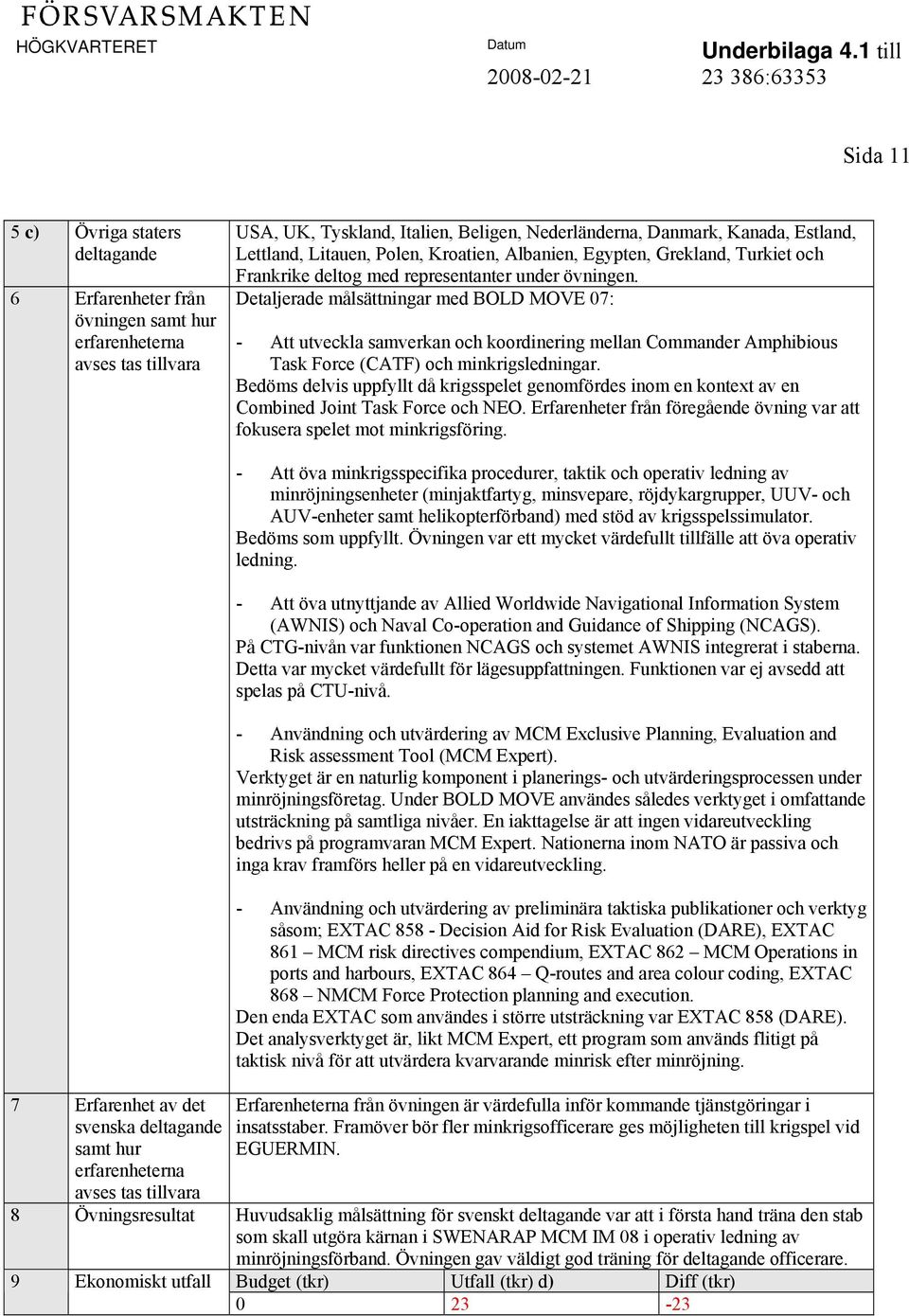 Detaljerade målsättningar med BOLD MOVE 07: - Att utveckla samverkan och koordinering mellan Commander Amphibious Task Force (CATF) och minkrigsledningar.