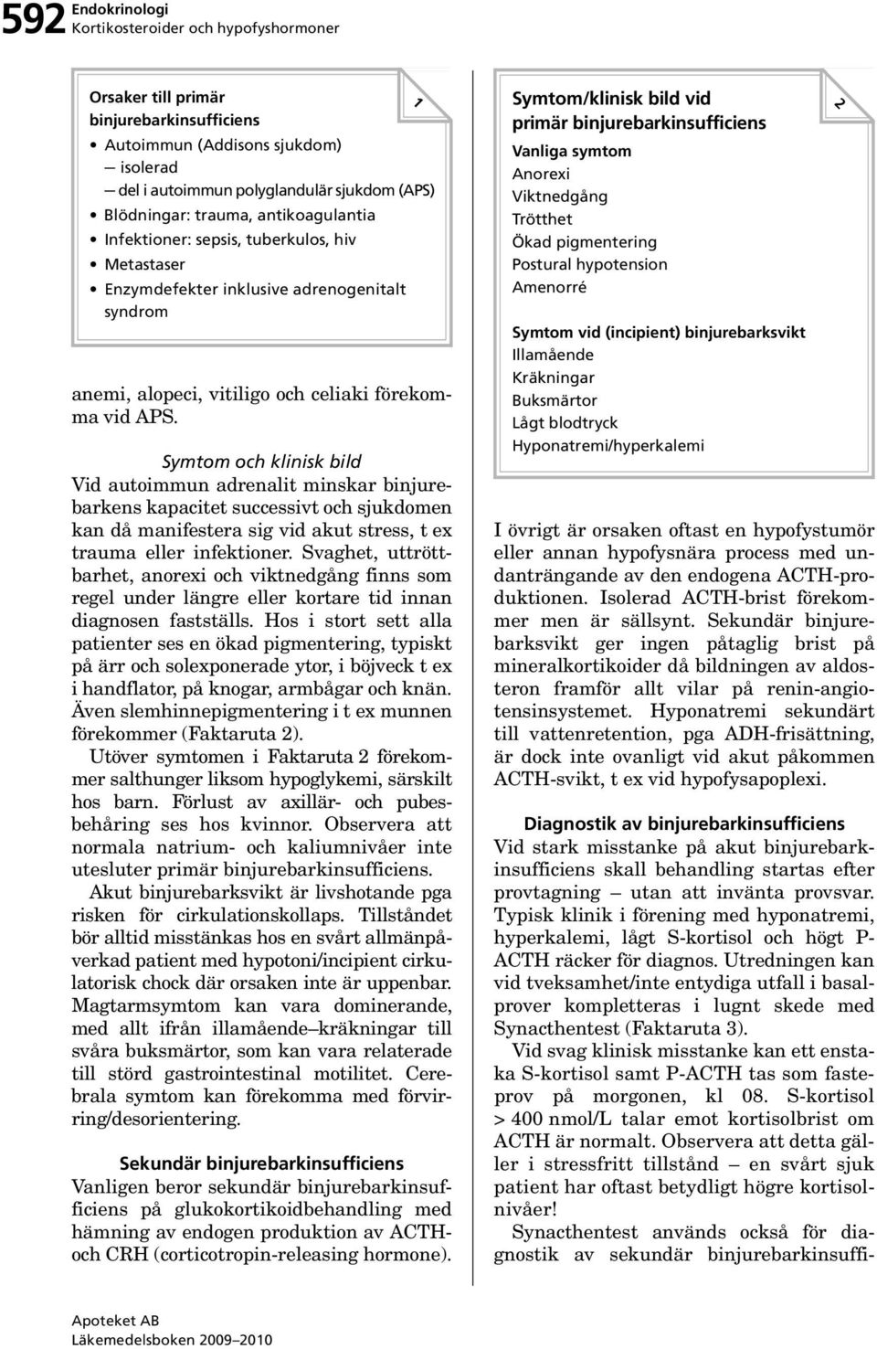 Symtom och klinisk bild Vid autoimmun adrenalit minskar binjurebarkens kapacitet successivt och sjukdomen kan då manifestera sig vid akut stress, t ex trauma eller infektioner.