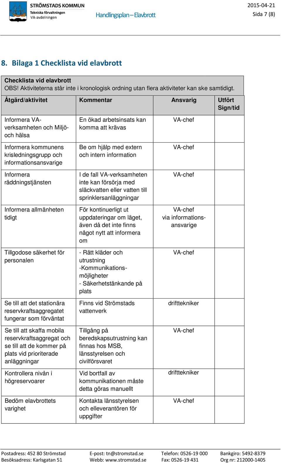 allmänheten tidigt Tillgodose säkerhet för personalen Se till att det stationära reservkraftsaggregatet fungerar som förväntat Se till att skaffa mobila reservkraftsaggregat och se till att de kommer