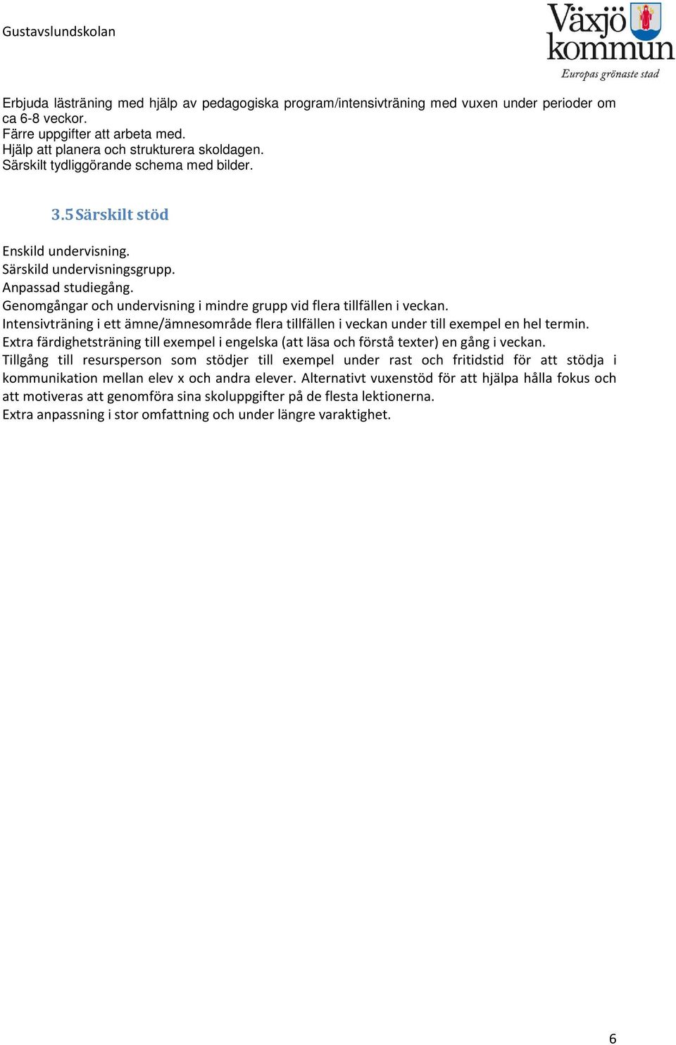 Genomgångar och undervisning i mindre grupp vid flera tillfällen i veckan. Intensivträning i ett ämne/ämnesområde flera tillfällen i veckan under till exempel en hel termin.