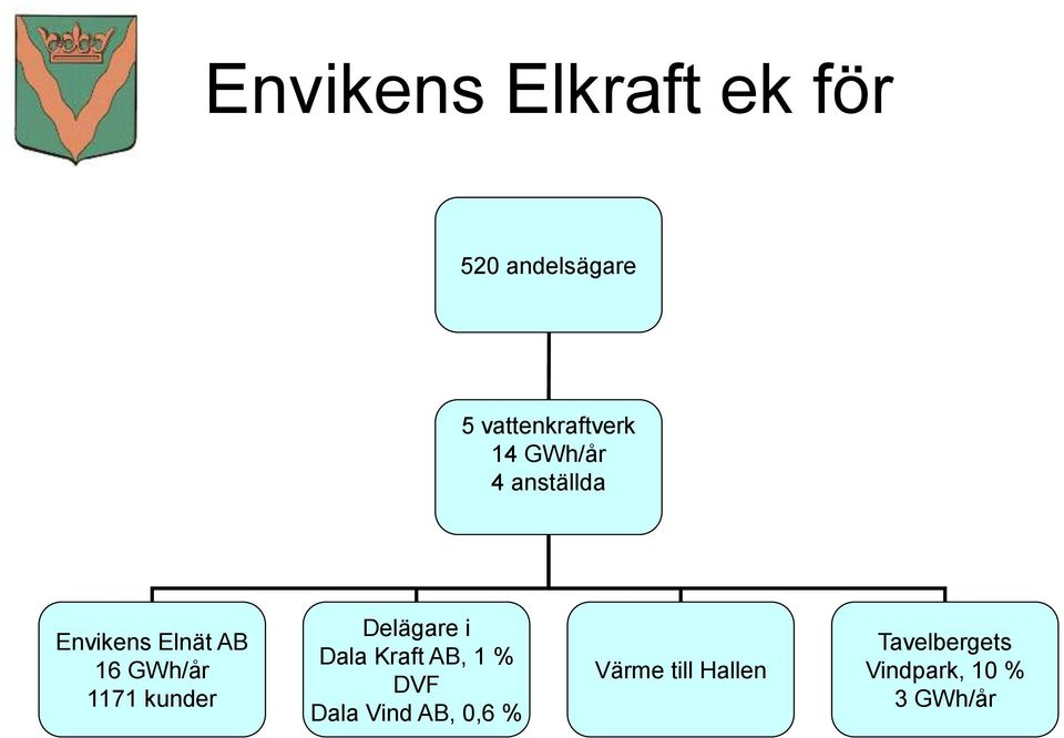 16 GWh/år 1171 kunder Delägare i Dala Kraft AB, 1 % DVF