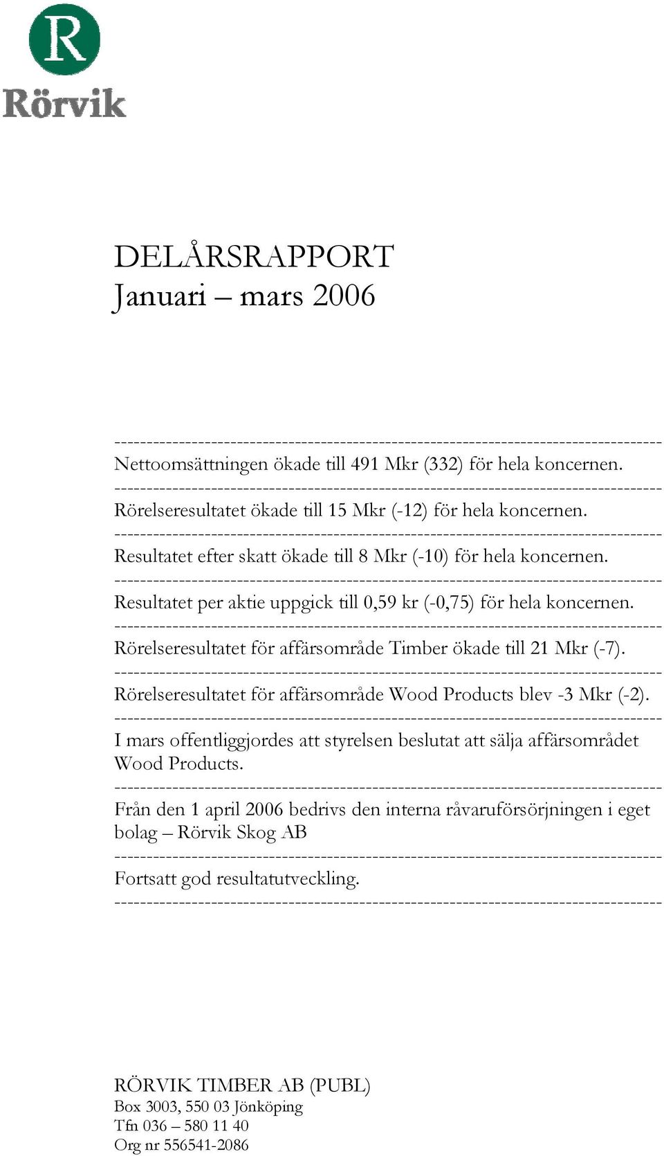 Rörelseresultatet för affärsområde Timber ökade till 21 Mkr (-7). Rörelseresultatet för affärsområde Wood Products blev -3 Mkr (-2).