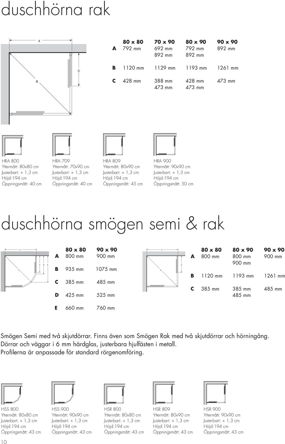 Öppningsmått: 50 cm duschhörna smögen semi & rak B A C D E 80 x 80 90 x 90 A 800 mm 900 mm B 935 mm 1075 mm C 385 mm 485 mm D 425 mm 525 mm B A C 80 x 80 80 x 90 90 x 90 A 800 mm 800 mm 900 mm 900 mm