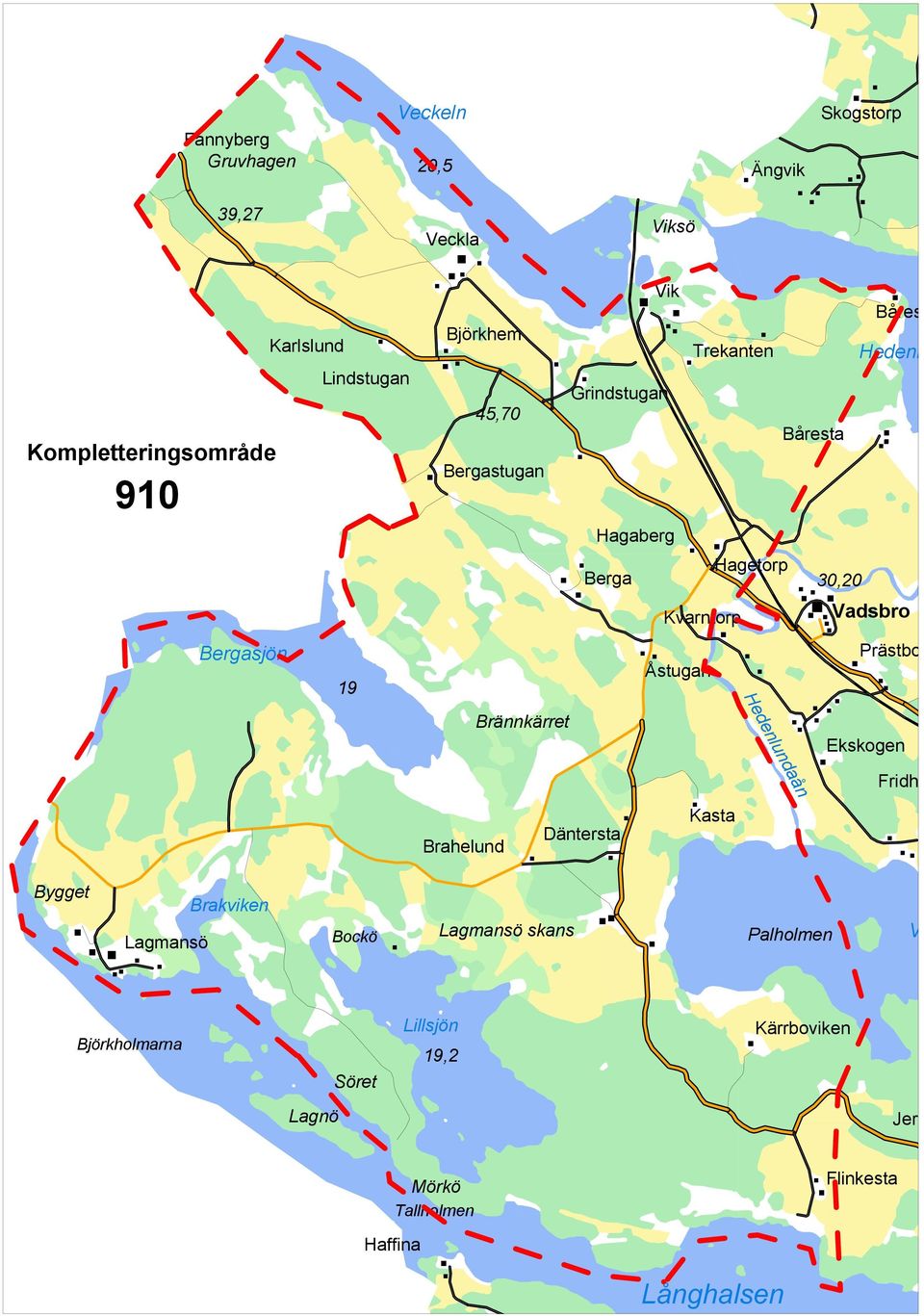 Däntersta Bergasjön Åstugan Gruvhagen 20,5 39,27 Fannyberg Lindstugan Veckeln Karlslund Lagmansö skans Brahelund