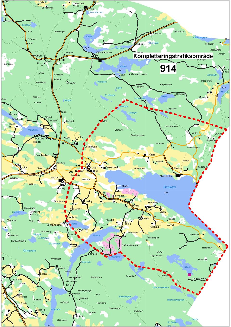 Ekensholm Vatthällen Vitökna Ökna Blåbärs Lindsvedsmon Tallbacken Kvarnsjön 55 Svartenstorp Sundtorp Berg Snökärret Droghags Kittelsjön Flasjön Mosjön Långsjön Trehörningen Långkärret Långkärret