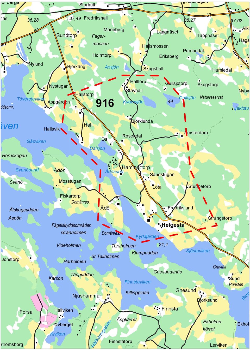 Aspön 36,28 57 Gullberga näs Berga Runsten Lerviken Strängstorp Naturreservat 37,62 Ä Tappnäset Jaktstus Ekholms- Stubbetorp 21,4 Helgesta kärret Gnesundsnäs Sjöstuviken Halls 57 38,27 44 Pumpedal