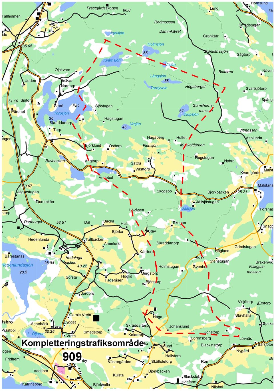 Stav Skogen Jällsjön Skräddartorp Holmsjön 55 58 Visjön Tordyveln Långsjön Flensjön 57 Hultet Ursjön Östtorp Björklund Hagstugan Hagaberg Västtorp Ändebol Backa Skogsbo Sättra Hult Lövåsen Igelsjön