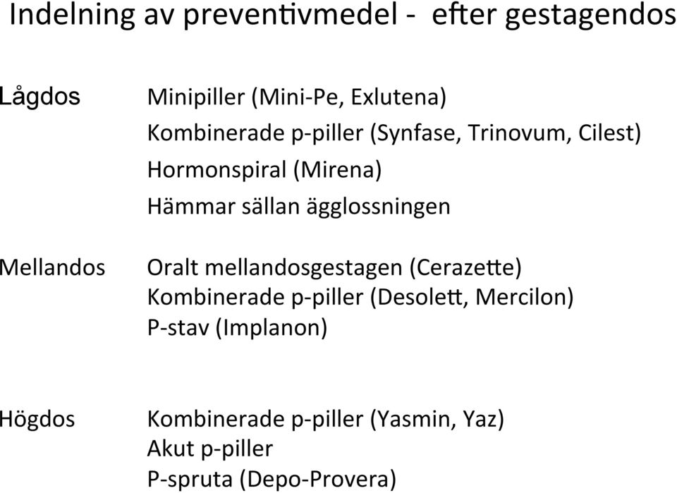 ägglossningen Mellandos Oralt mellandosgestagen (CerazeOe) Kombinerade p-piller (DesoleO,