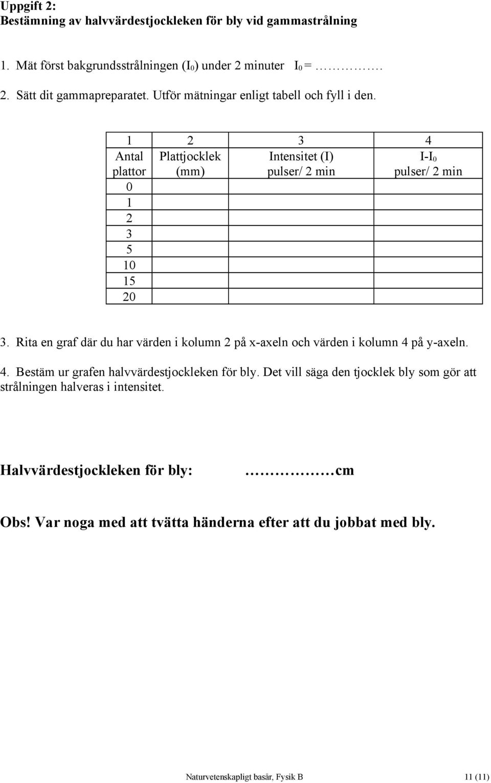 Rita en graf där du har värden i kolumn 2 på x-axeln och värden i kolumn 4 på y-axeln. 4. Bestäm ur grafen halvvärdestjockleken för bly.