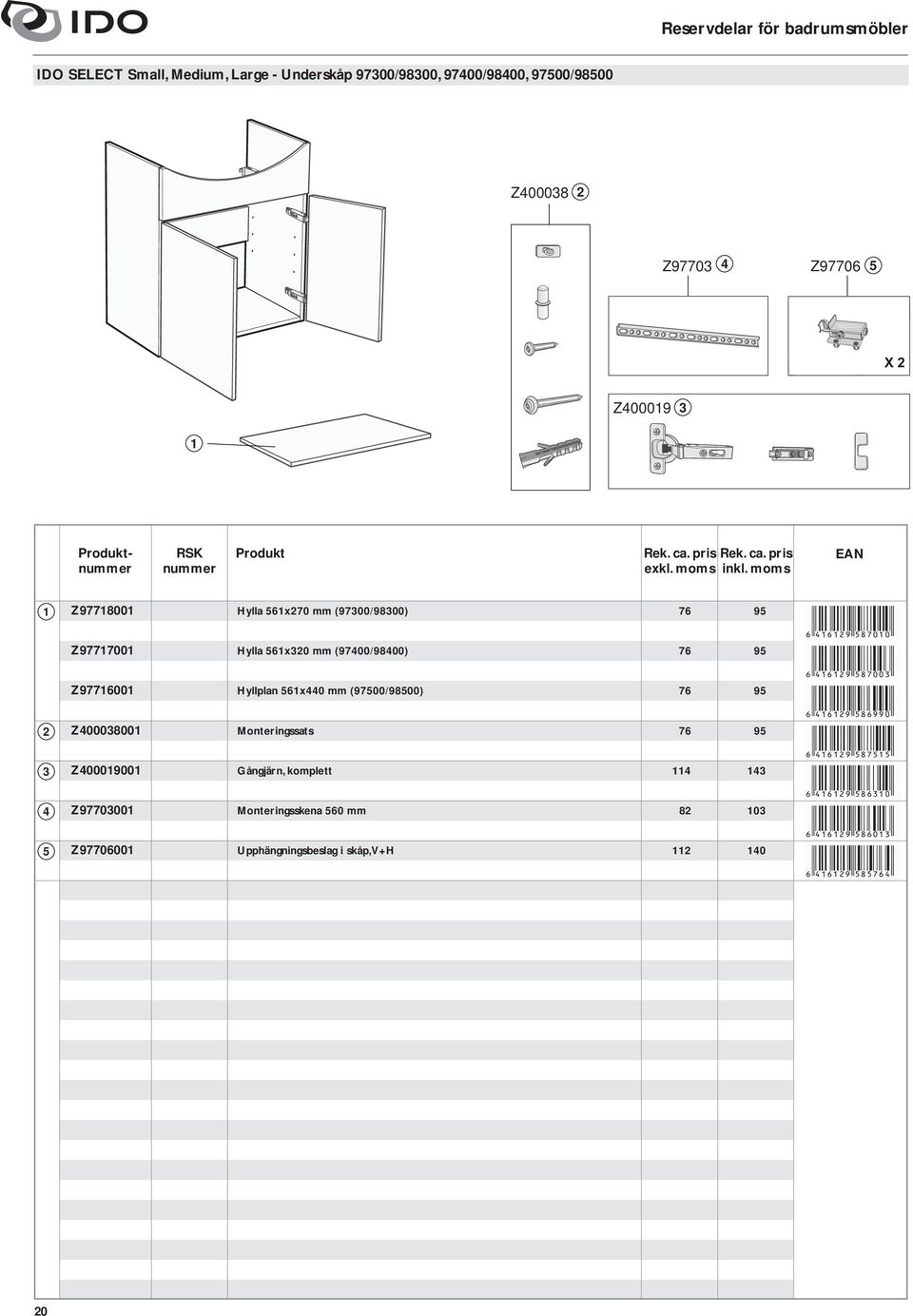 Hyllplan x0 mm (900/900) 9 9 00 Z00000 Monteringssats 9 9 990 Z000900 Gångjärn,