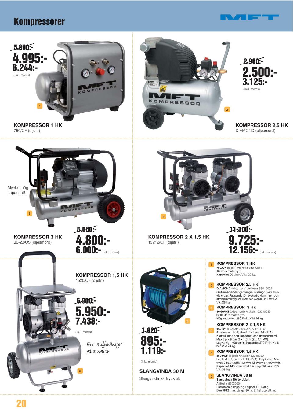 9:- SLANGVINDA 0 M Slangvinda för tryckluft KOMPRESSOR HK 70/OF (oljefri) Artikelnr 000 0 liters tankvolym. Kapacitet 90 l/min. Vikt: kg.