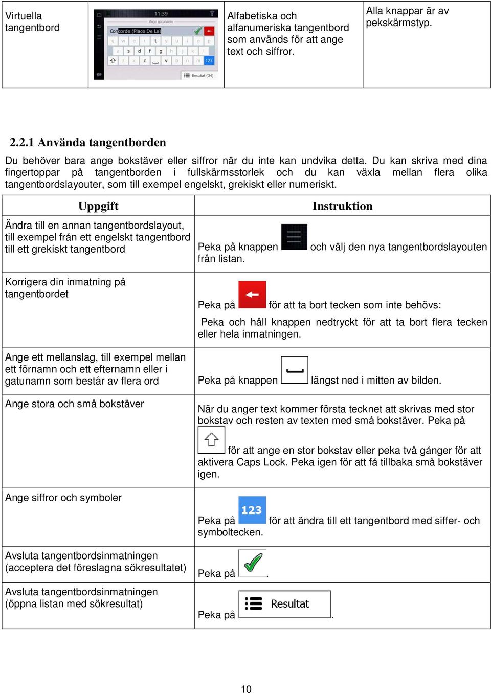 Du kan skriva med dina fingertoppar på tangentborden i fullskärmsstorlek och du kan växla mellan flera olika tangentbordslayouter, som till exempel engelskt, grekiskt eller numeriskt.