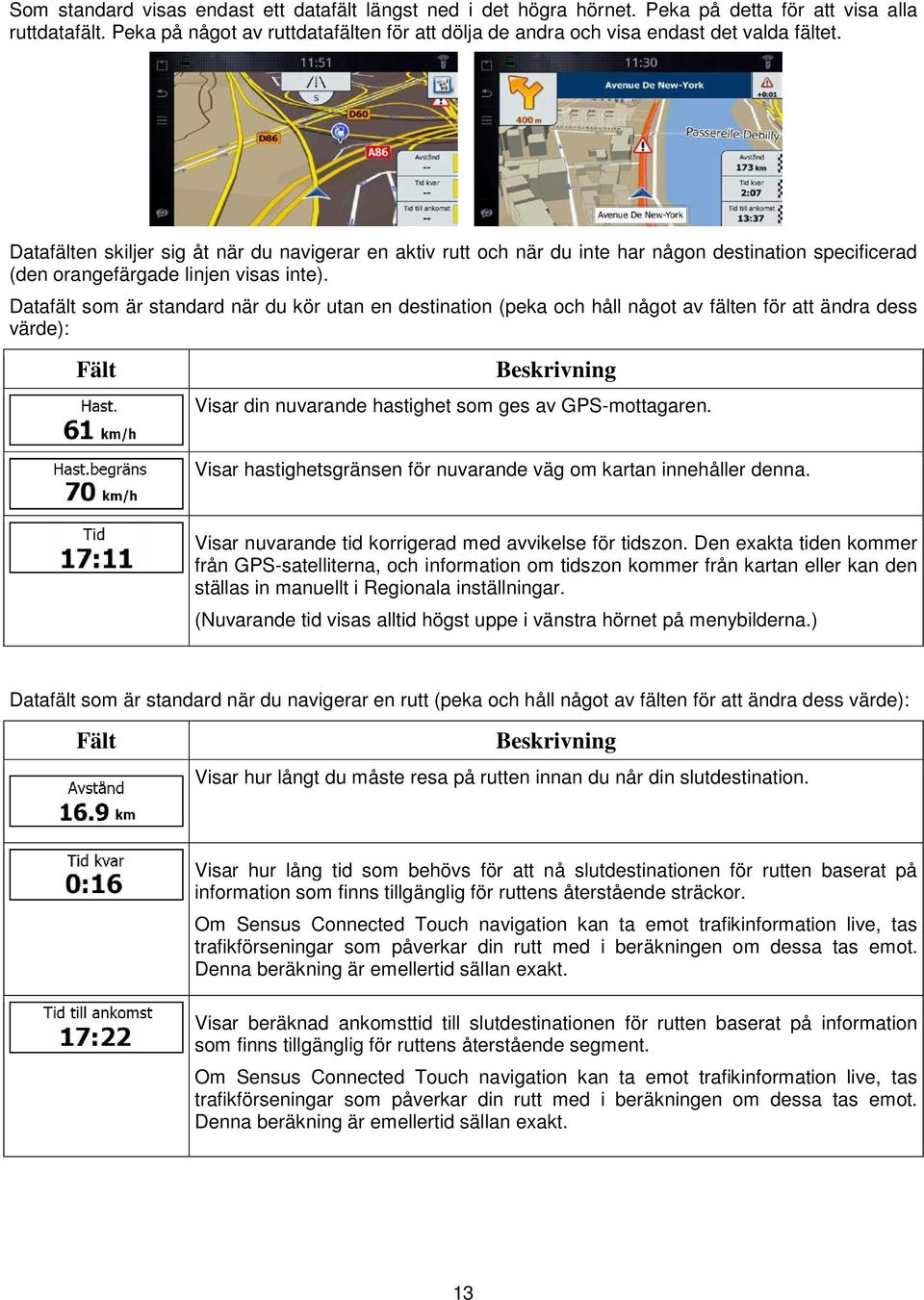 Datafälten skiljer sig åt när du navigerar en aktiv rutt och när du inte har någon destination specificerad (den orangefärgade linjen visas inte).