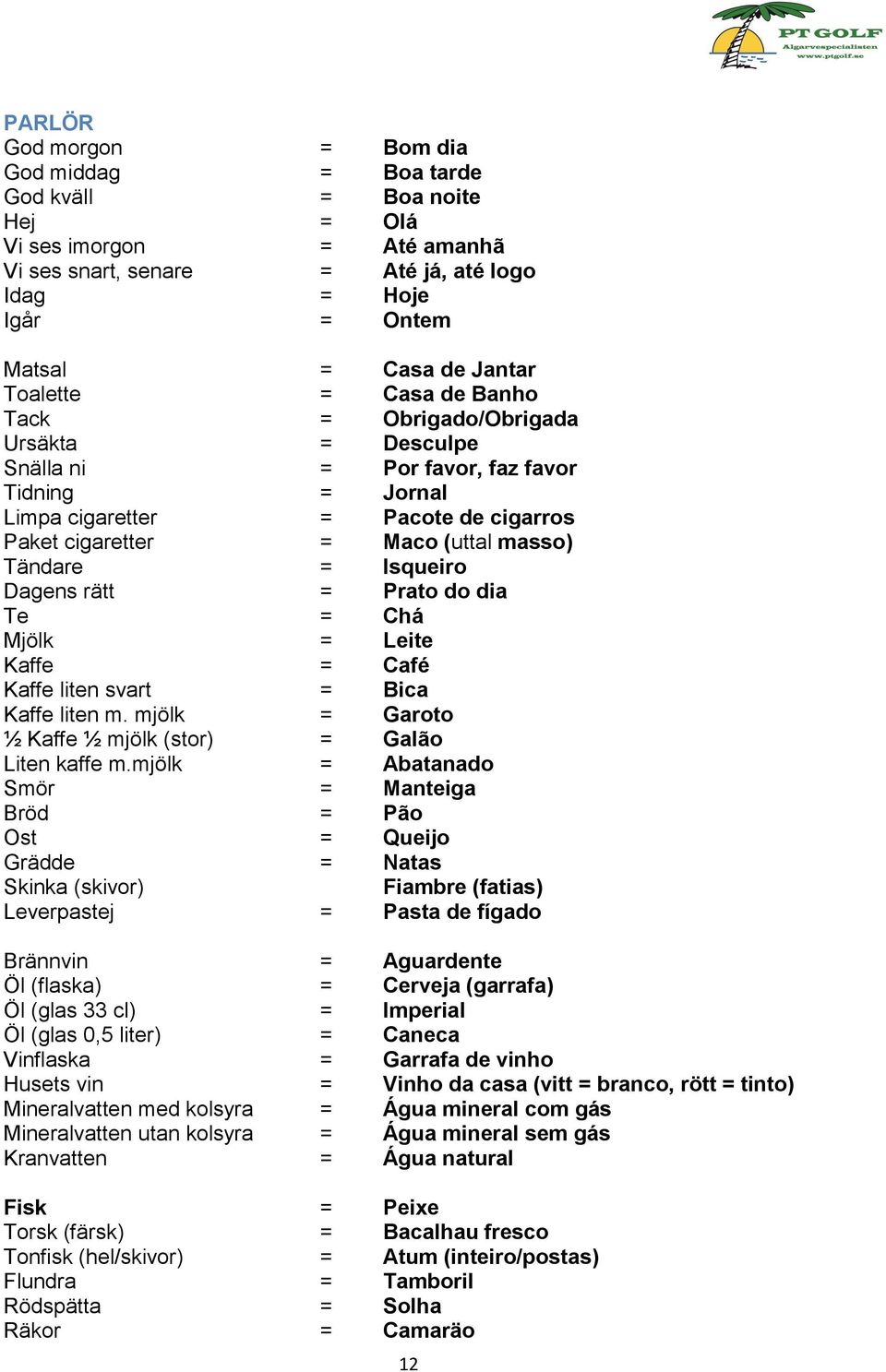 Tändare = Isqueiro Dagens rätt = Prato do dia Te = Chá Mjölk = Leite Kaffe = Café Kaffe liten svart = Bica Kaffe liten m. mjölk = Garoto ½ Kaffe ½ mjölk (stor) = Galão Liten kaffe m.