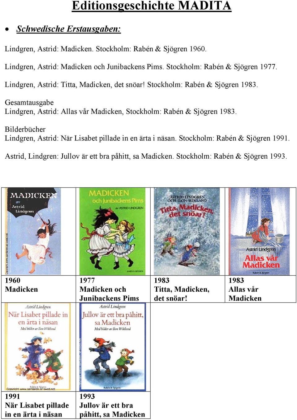 Gesamtausgabe Lindgren, Astrid: Allas vår Madicken, Stockholm: Rabén & Sjögren 1983. Bilderbücher Lindgren, Astrid: När Lisabet pillade in en ärta i näsan.