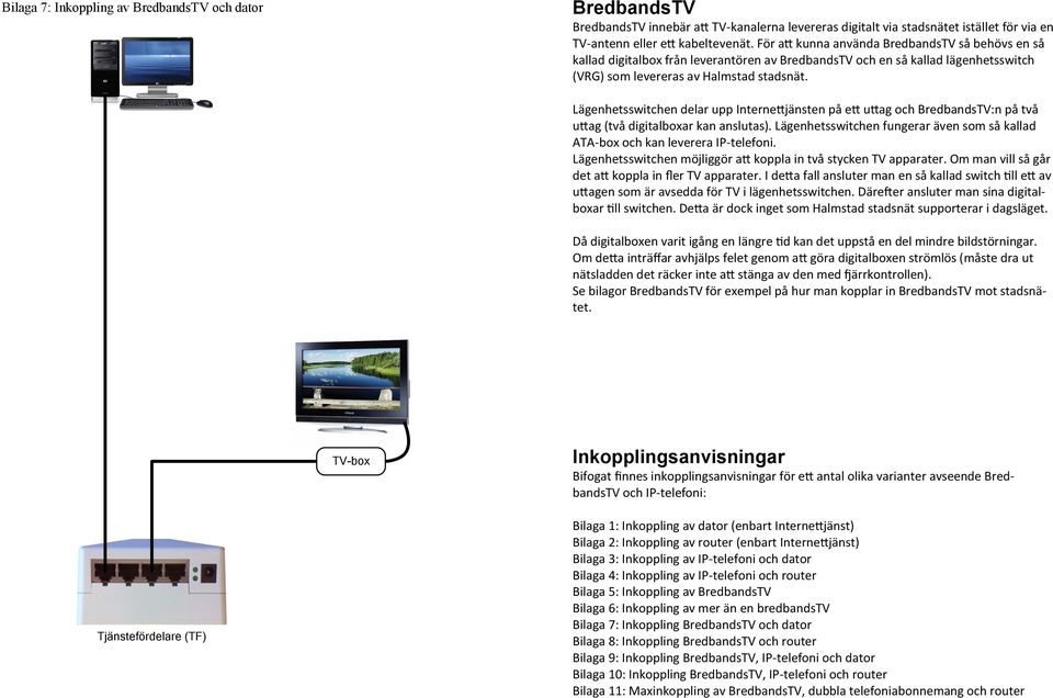 Lägenhetsswitchen delar upp Internettjänsten på ett uttag och BredbandsTV:n på två uttag (två digitalboxar kan anslutas). Lägenhetsswitchen fungerar även som så kallad och kan leverera IP-telefoni.
