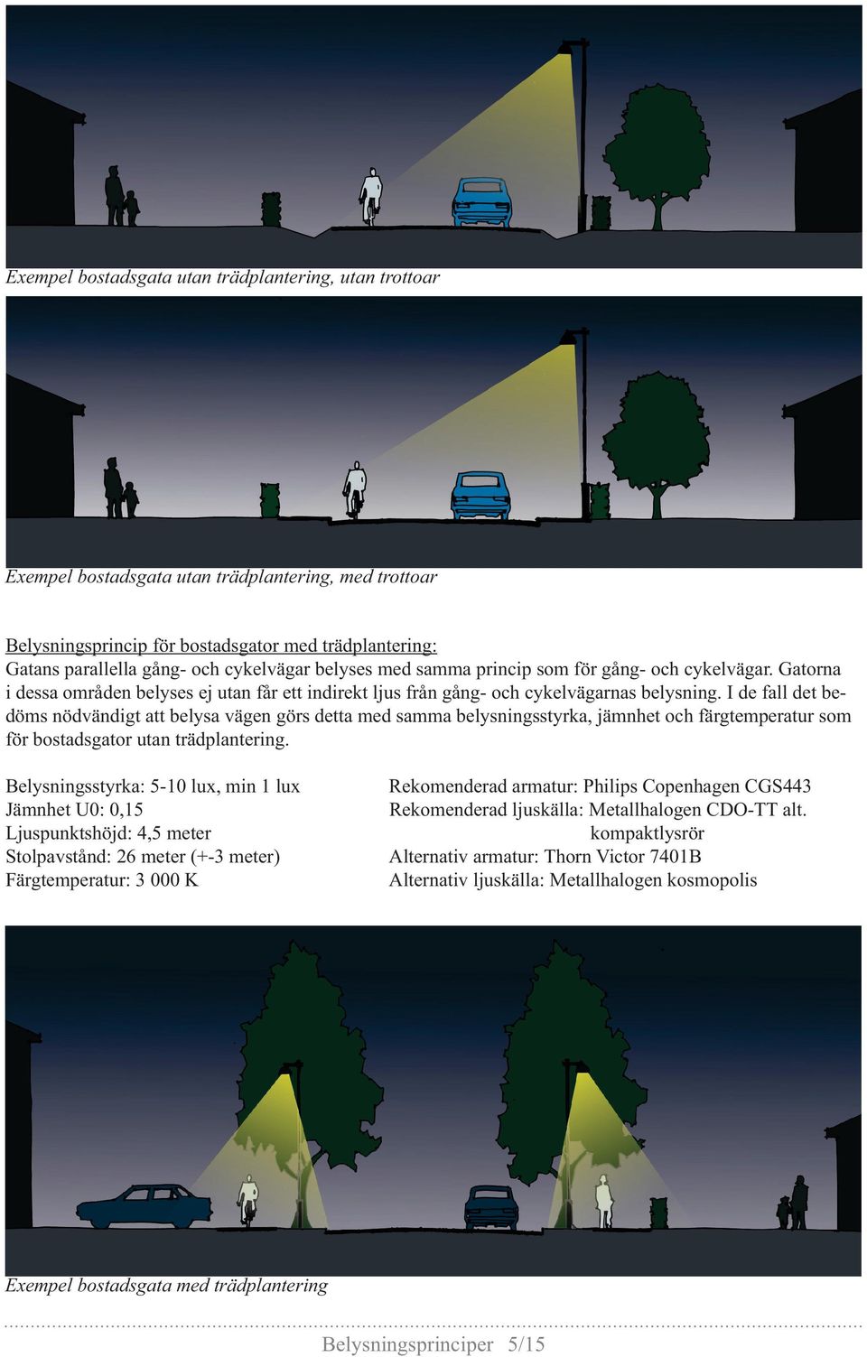 I de fall det bedöms nödvändigt att belysa vägen görs detta med samma belysningsstyrka, jämnhet och färgtemperatur som för bostadsgator utan trädplantering.