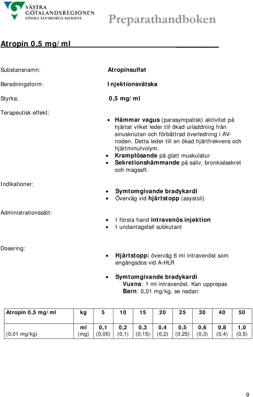 Symtomgivande bradykardi Överväg vid hjärtstopp (asystoli) I första hand intravenös injektion I undantagsfall subkutant Dosering: Hjärtstopp: överväg 6 ml intravenöst som engångsdos vid A-HLR