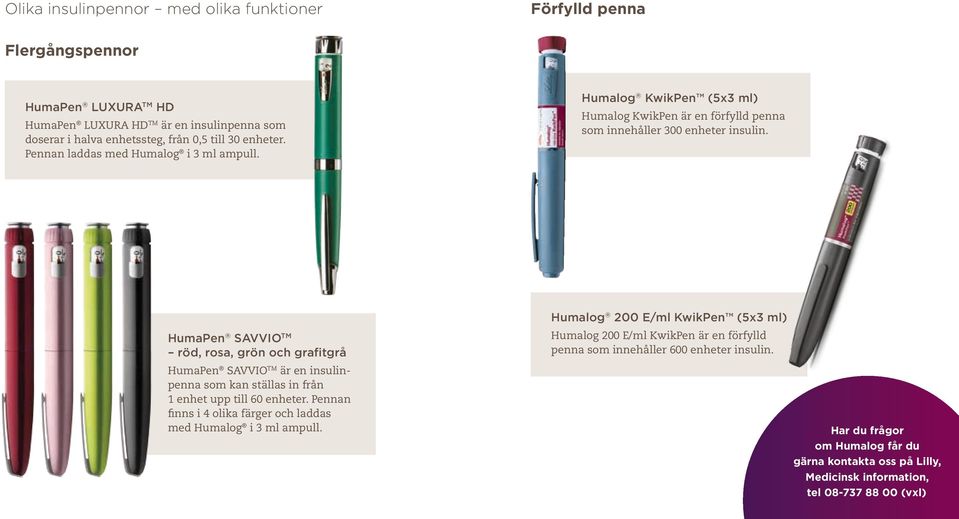 Humalog 200 E/ml KwikPen (5x3 ml) HumaPen SAVVIOTM röd, rosa, grön och grafitgrå HumaPen SAVVIOTM är en insulinpenna som kan ställas in från 1 enhet upp till 60 enheter.