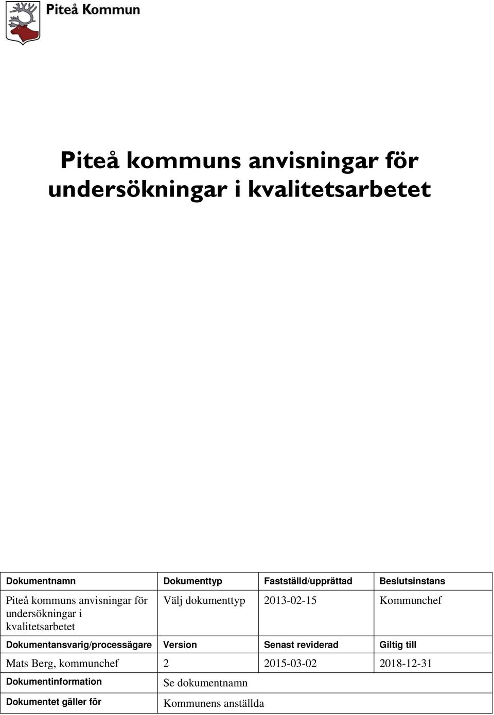 dokumenttyp 2013-02-15 Kommunchef Dokumentansvarig/processägare Version Senast reviderad Giltig till