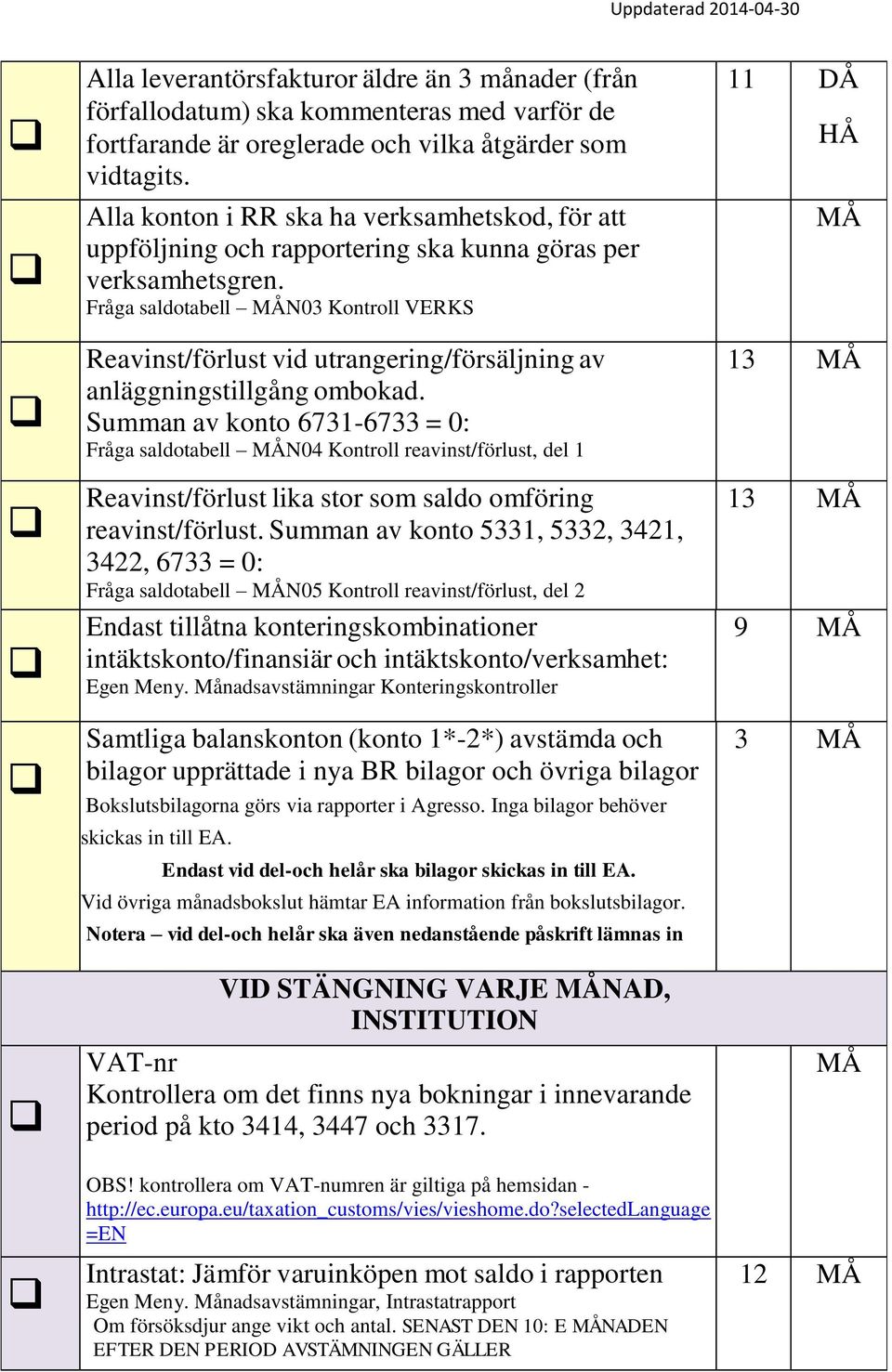 Fråga saldotabell N03 Kontroll VERKS Reavinst/förlust vid utrangering/försäljning av anläggningstillgång ombokad.