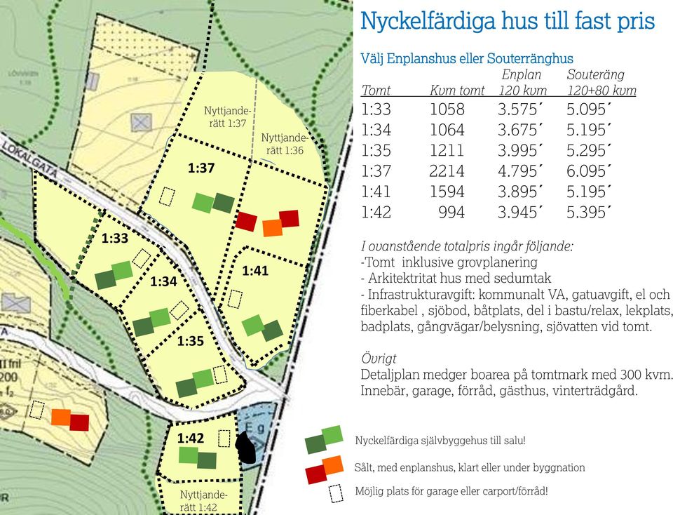 395 I ovanstående totalpris ingår följande: -Tomt inklusive grovplanering - Arkitektritat hus med sedumtak - Infrastrukturavgift: kommunalt VA, gatuavgift, el och fiberkabel, sjöbod, båtplats, del i